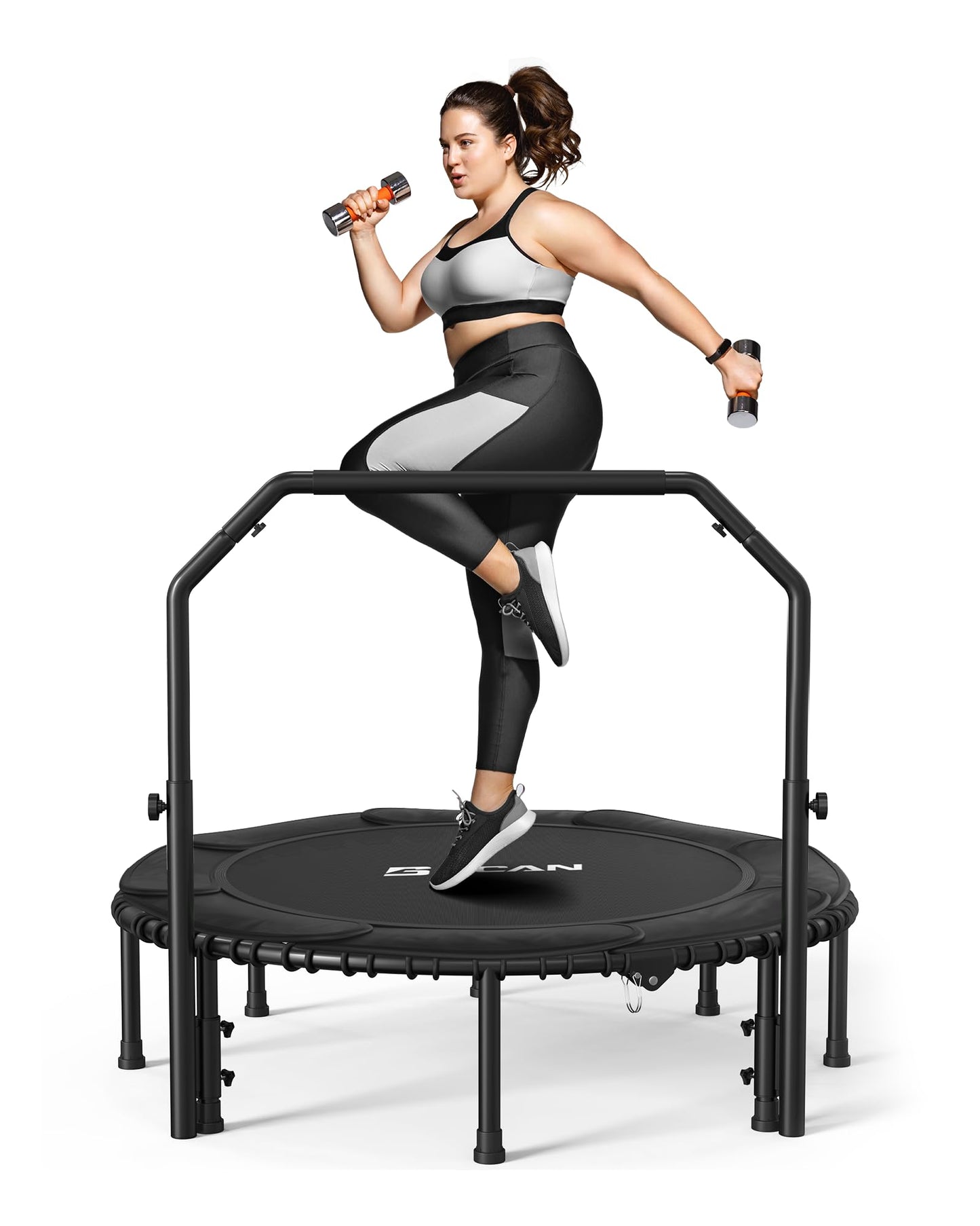 BCAN 550 LBS Foldable Mini Trampoline, 48" Fitness Trampoline with Adjustable Handle Bar, Bungees, Stable & Quiet Exercise Rebounder for Kids Adults Indoor/Garden Workout - Black