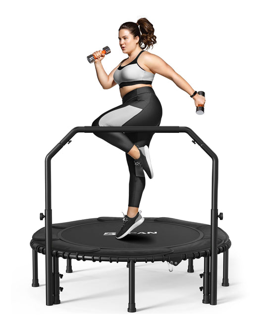 BCAN 550 LBS Foldable Mini Trampoline, 48" Fitness Trampoline with Adjustable Handle Bar, Bungees, Stable & Quiet Exercise Rebounder for Kids Adults Indoor/Garden Workout - Black