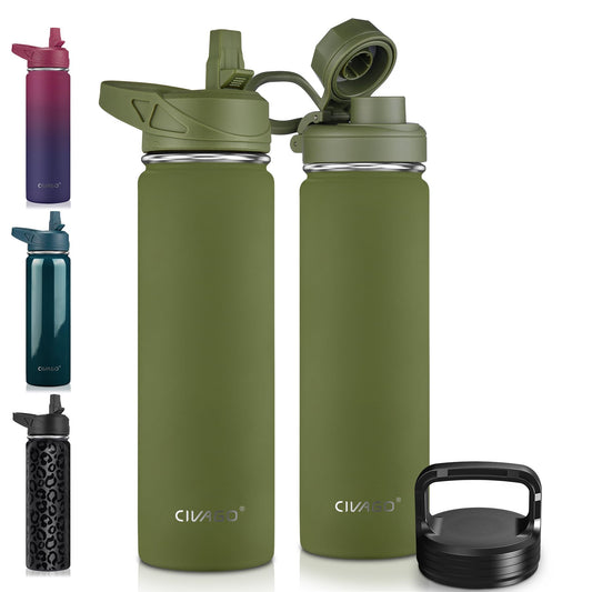 CIVAGO 22 oz Insulated Water Bottle With Straw, Stainless Steel Sports Water Flask Cup with 3 Lids (Straw, Portable Spout and Handle Lid), Double Walled Travel Thermal Canteen Mug, Army Green