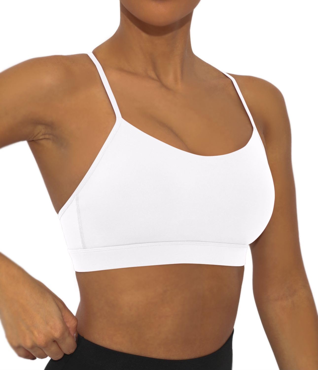 Comper Y Back Sports Bra for Women Low Impact Racerback Workout Bras Sexy Spaghetti Thin Straps Yoga Bras with Removable Pads(White-S)