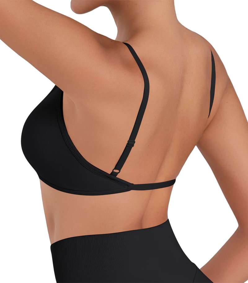 Sunzel Women's Open Back Sports Bra Adjustable Spaghetti Strap Seamless Low Impact Workout Gym Yoga Bra with Removable Pads Black Small