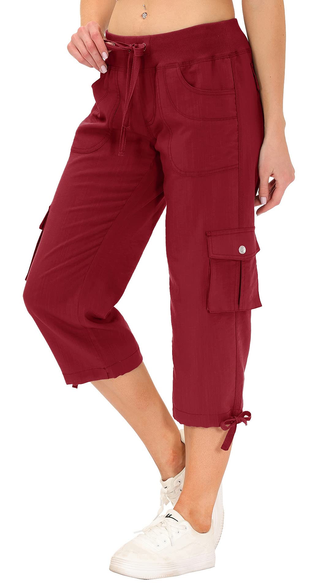 MoFiz Womens Capris Summer Cargo Shorts Lightweight Quick Dry Athletic Casual Travel Loose Ladies Outdoor Hiking Pants Pockets Wine Red 3XL