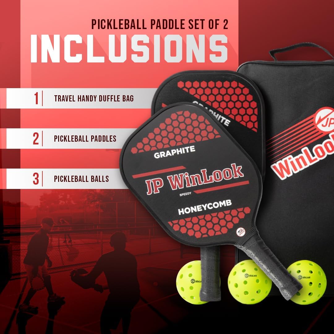 JP WinLook Premium Pickleball Paddles Set - Graphite Carbon Fiber Rackets for Indoor/Outdoor Play | Includes Balls & Carry Bag