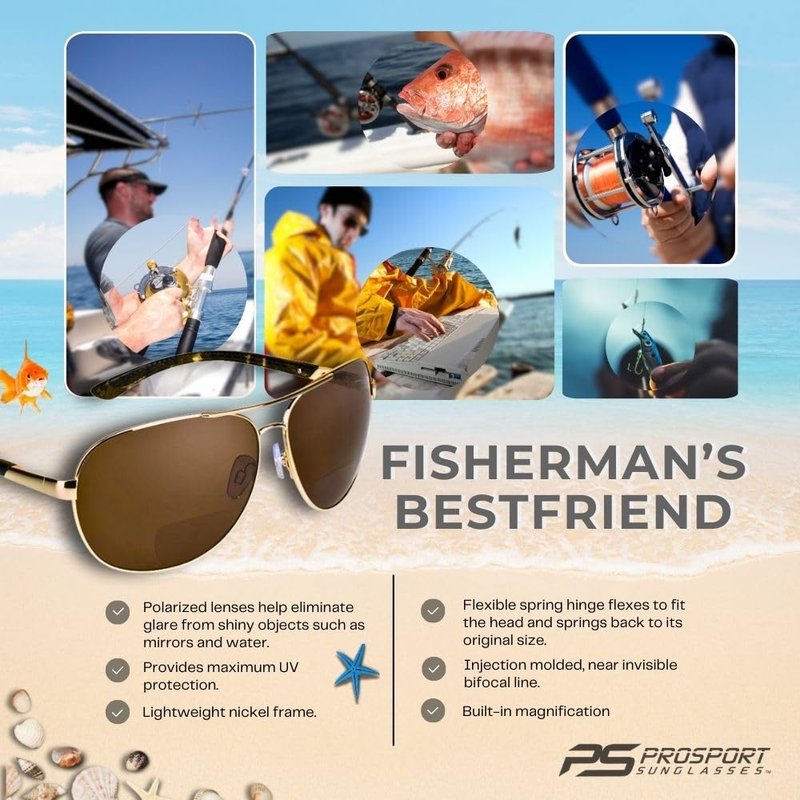proSPORT Aviator Polarized Bifocal Sunglass Readers Fishing Driving Gold Brown Lens Spring Hinge Men Women 1.50 1.75 2.00 2.25 2.50