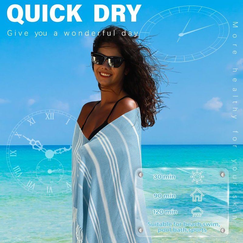 Turkish Beach Towel - Lightweight Quick Dry Absorbent Cotton | Extra Large Sand-Free Bath & Pool Accessory