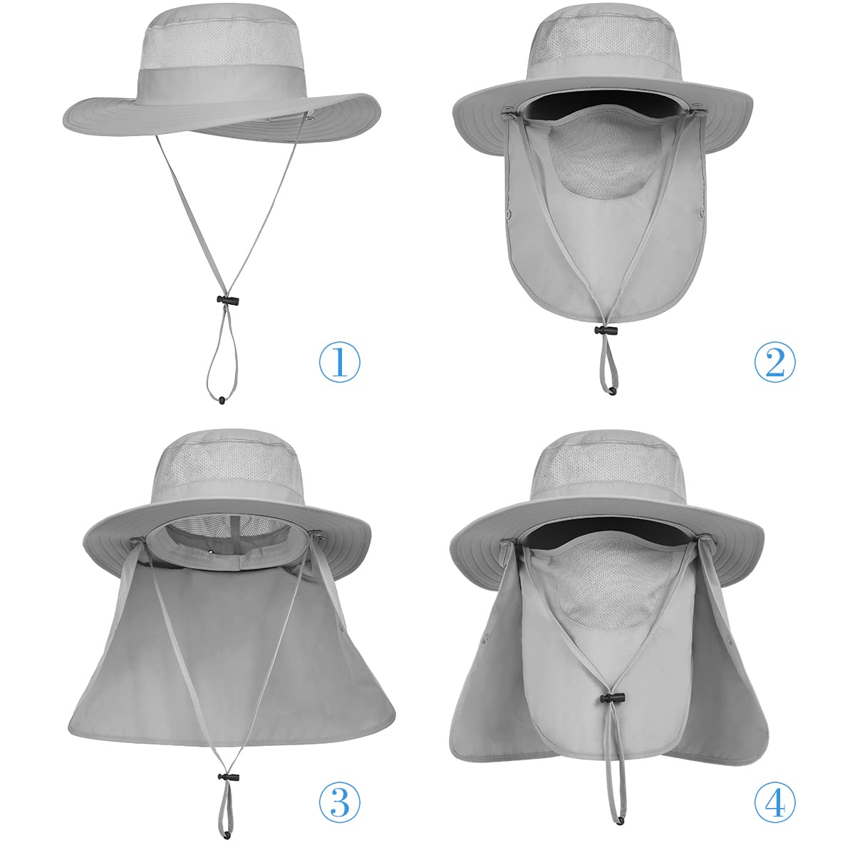 3 Pack Mens Outdoor Wide Brim Fishing Hat,UPF 50+ Sun Protection Cap with Face Neck Flap for Hiking & Garden (3 Pack-Light Grey)