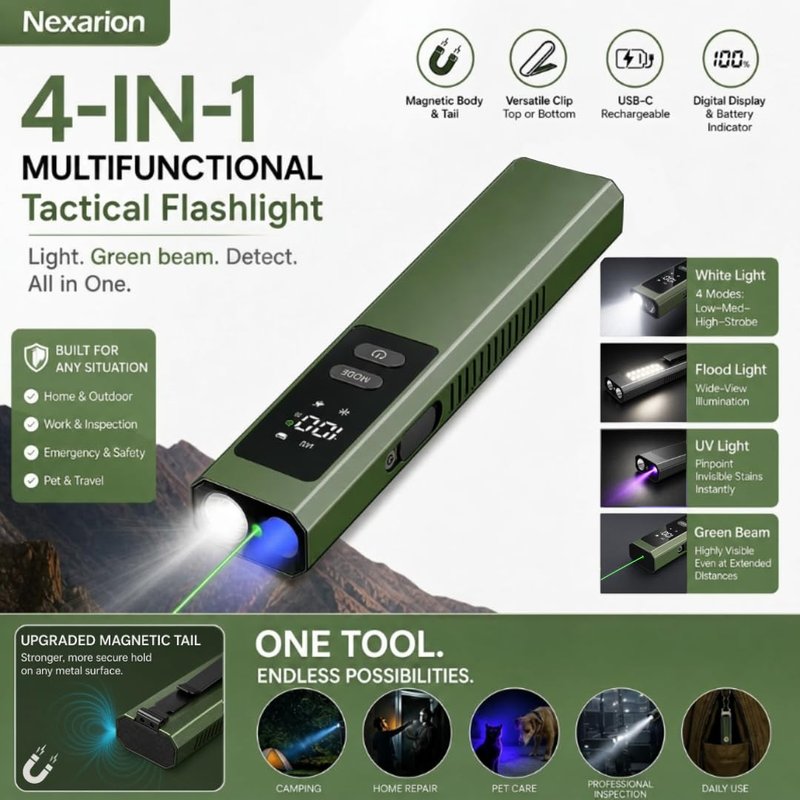 Nexarion EDC Flat Flashlight with Green Beam, UV and White LED Combo, Rechargeable Portable Flash Light with Magnetic Base & Clip, High Lumens for Working, Emergency, Camping, Everyday Carry（Green）
