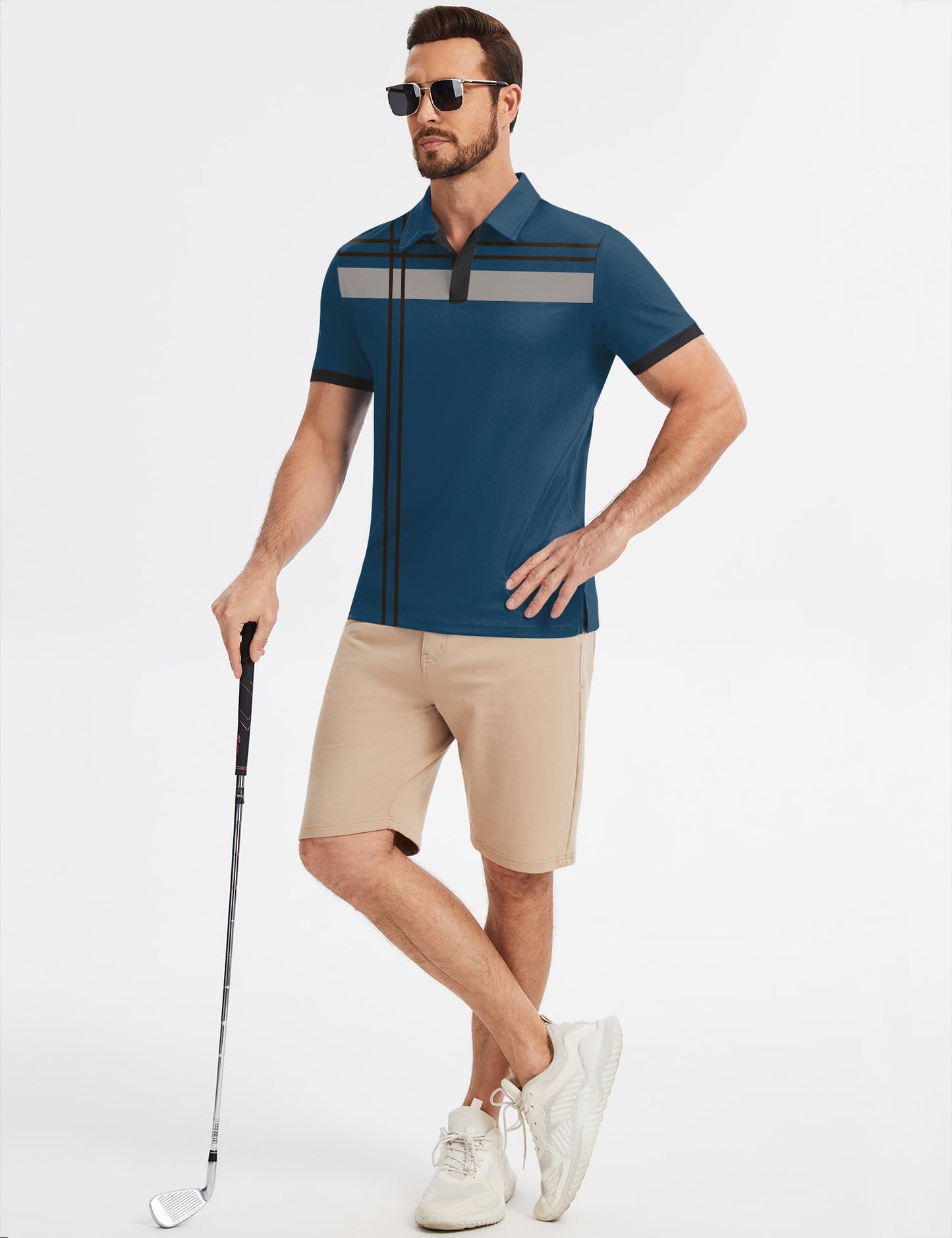 Poriff Mens Golf Shirts Short Sleeve Moisture Wicking Performance Quick Fit Casual Collared Golf Polo Shirt for Men Blue Print XL