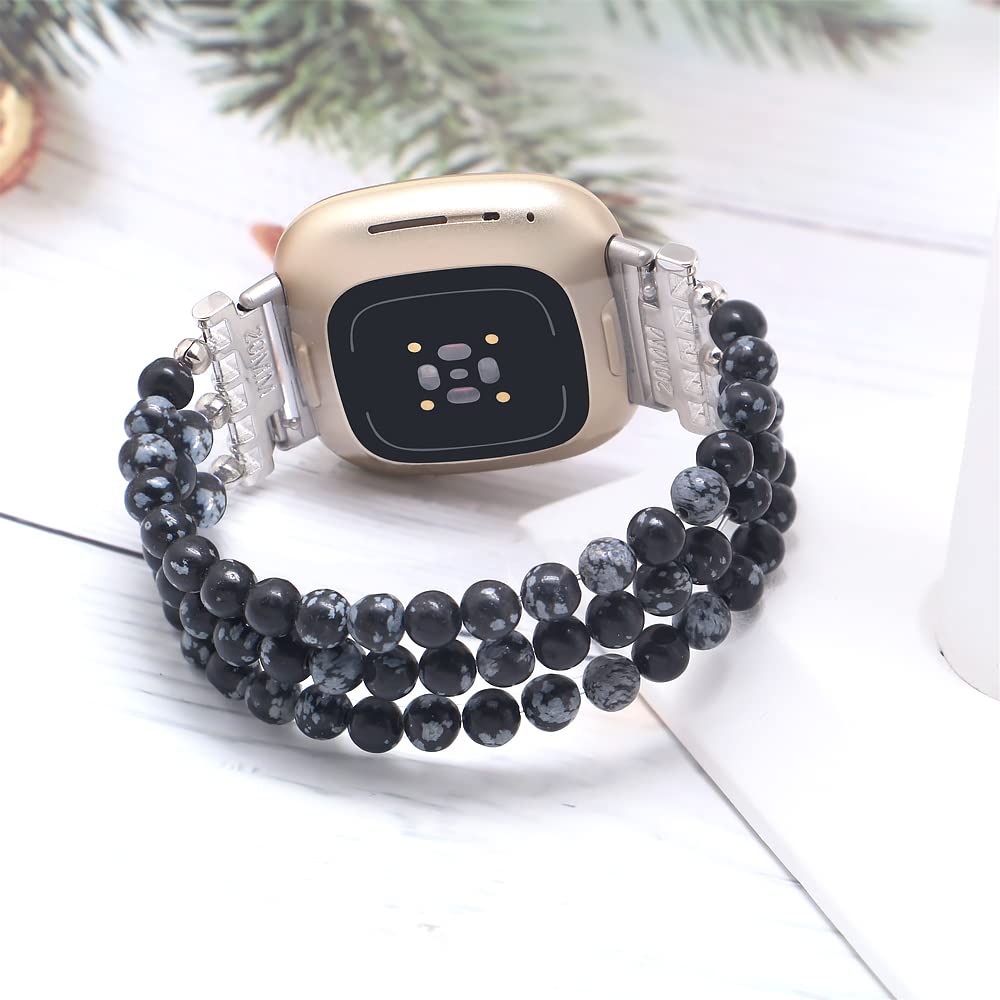 C&L Accessories Bracelet Compatible with Fitbit Versa 3/Fitbit Versa 4/Fitbit Sense 2/Fitbit Sense Bands for Women, Beaded Wristband Straps (Snowflake Obsidian)