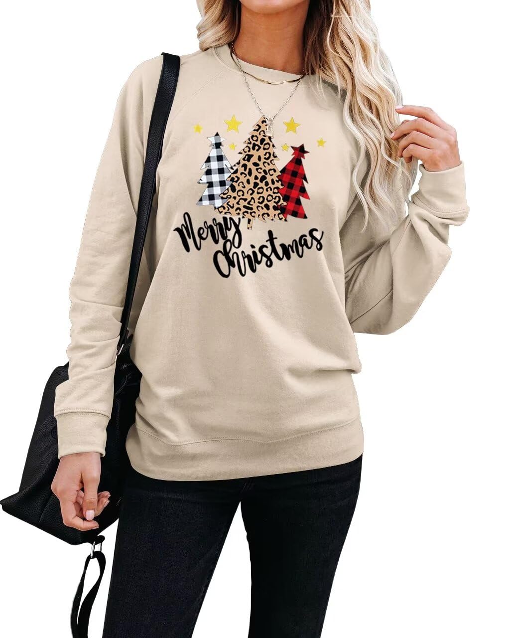 Dressmine Womens Merry Christmas Tree Sweatshirt Long Sleeve Graphic Tee Shirts Winter Pullover Knit Pullover Apricot Christmas Medium