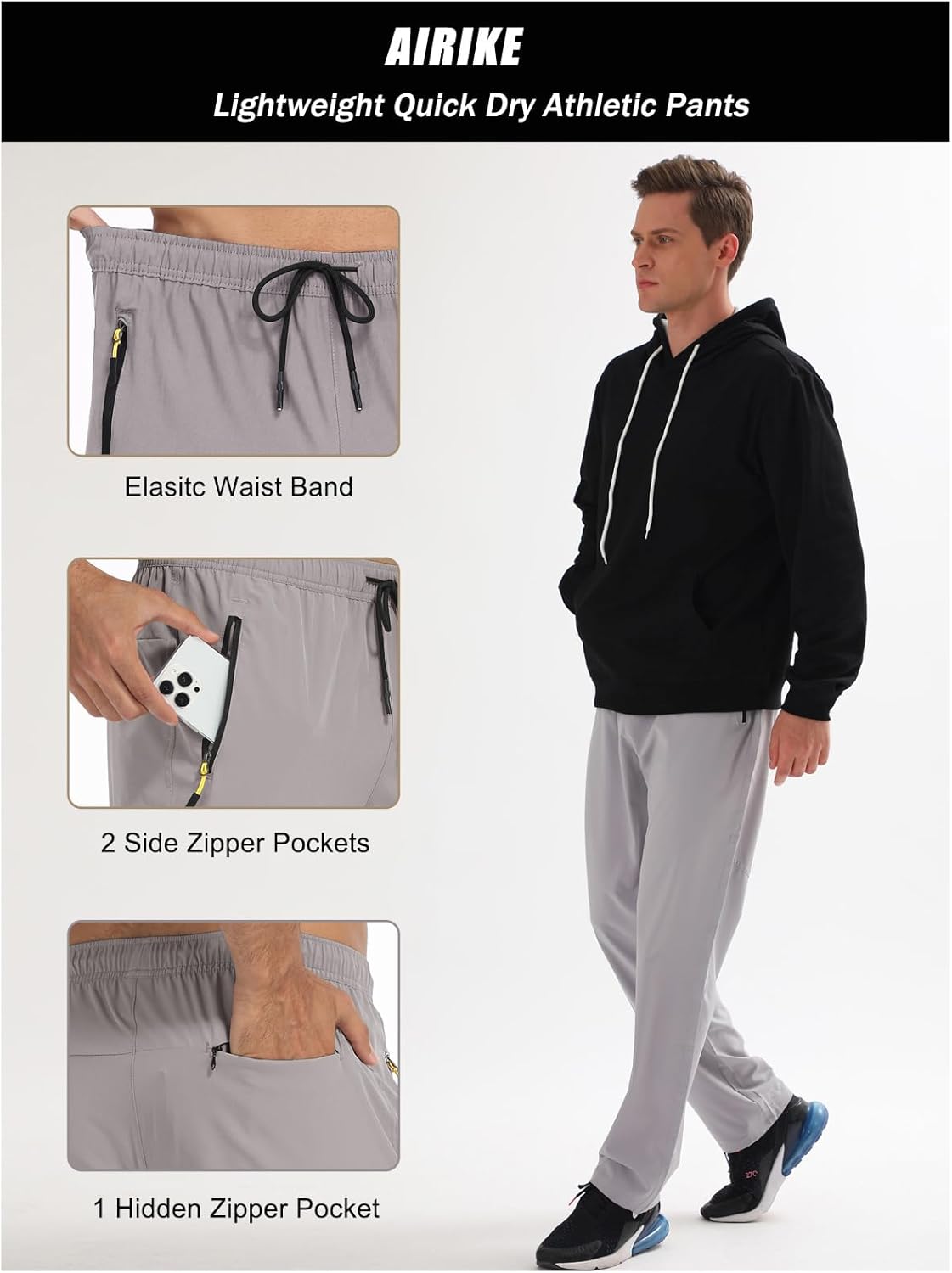 Men's Water-Resistant Hiking Pants - Quick-Dry Lightweight Outdoor Sweatpants with Zipper Pockets