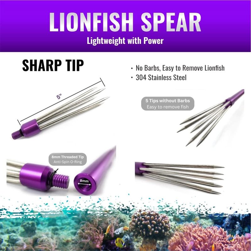 5 Point Non-Barbed 8mm Thread Spear Tip for Lionfish | 36” Pole Spear Accessory