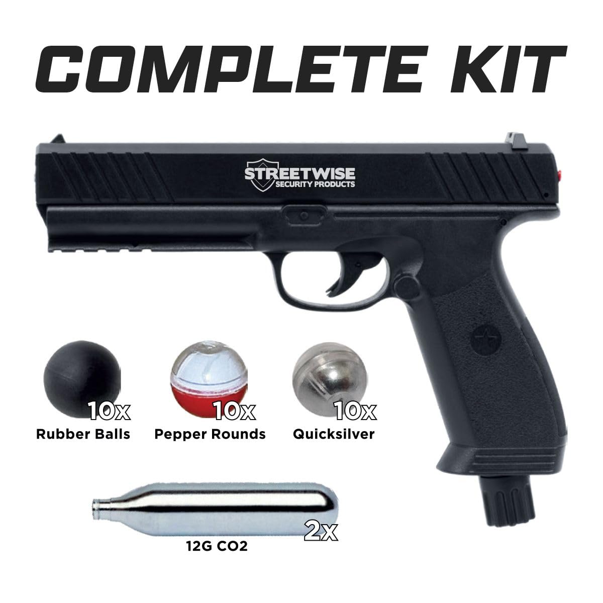 Streetwise Heat .50 Caliber Pepper Launcher, Pepper Ball Gun – Self Defense Pistol Includes 10 Rubber Balls, 10 Pepper Rounds, 10 Quicksilver Metal Composite Rounds, & 2 C02 Canisters