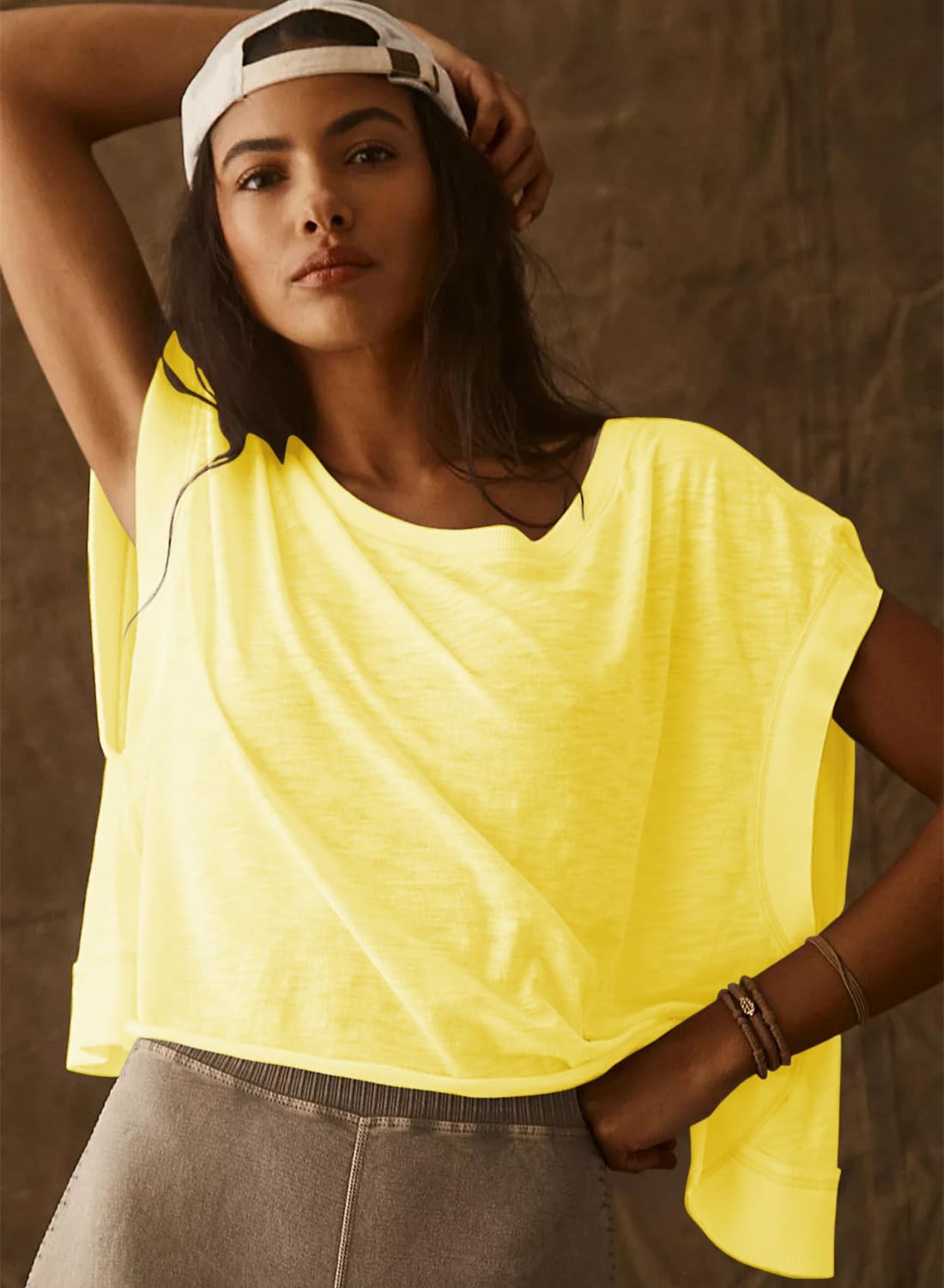 Womens Oversized Tshirts Workout Batwing Sleeve Gym Shirts Boat Neck Slouchy Tees Open Back Athletic Top Deep Yellow S