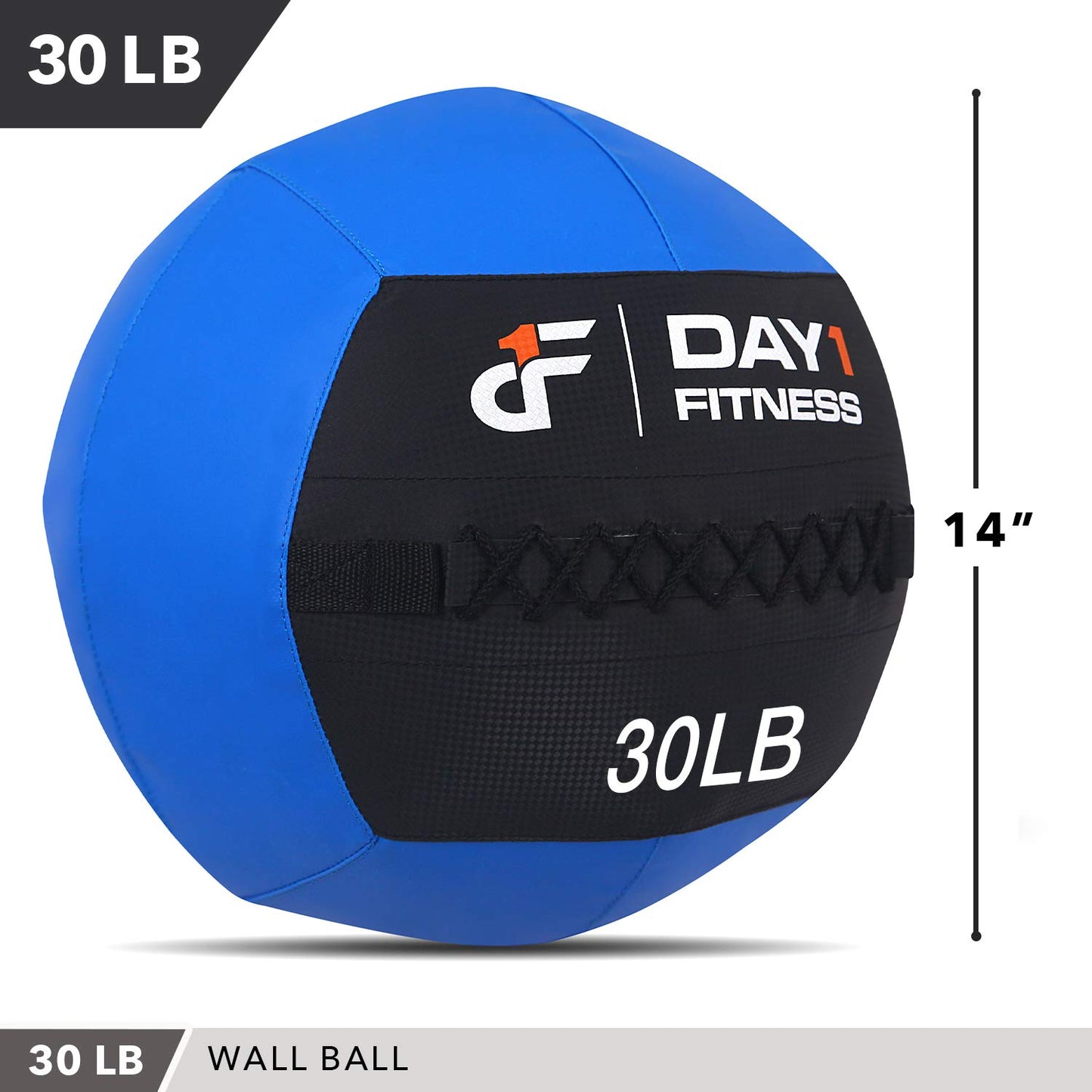 Day 1 Fitness Soft Wall Medicine Ball 30 Pounds BLUE - for Exercise, Rehab, Core Strength, Large Durable Balls for Floor Exercises, Stretching, Blue/Black