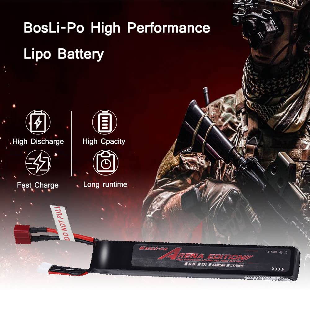 BosLi-Po 11.1V Lipo Battery Airsoft Battery 1300mAh 3S 25C Rechargeable High Capacity LiPo Battery with T Plug Connector and T Plug to Mini Tamiya Cable for Airsoft Guns