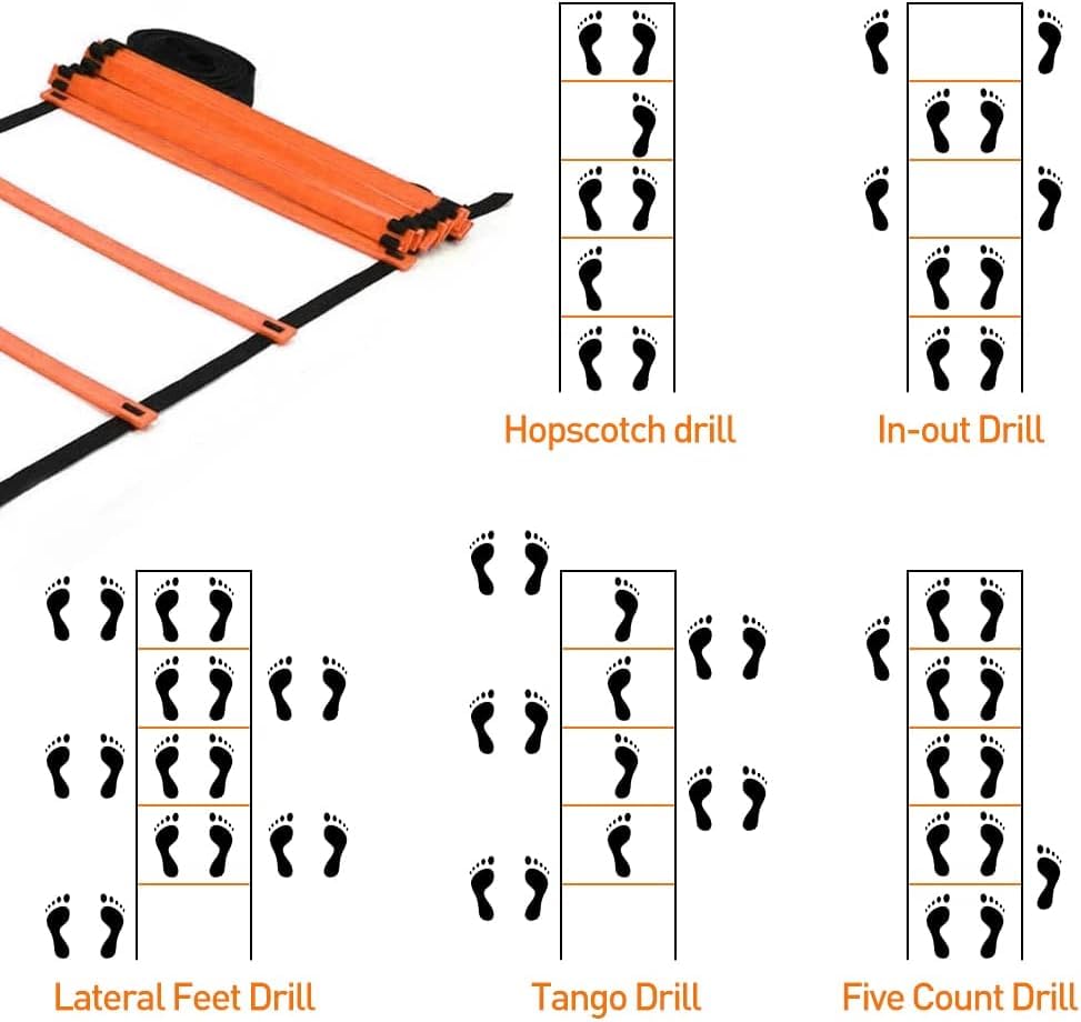 Pro Speed Agility Training Set—Includes 12 Rung 20ft Adjustable Agility Ladder with Carrying Bag, 12 Disc Cones, 4 Steel Stakes, 1 Running Parachute for Training Football, Soccer, Basketball Athletes