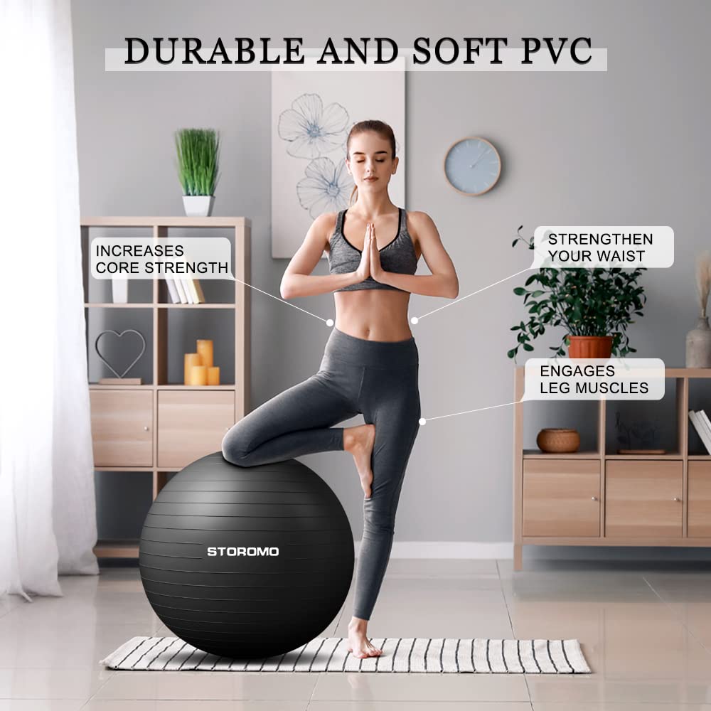 STOROMO Exercise Ball,Yoga Ball(with Exercise Tutorial)，Extra Thick Non-Slip,Holds 2500 lbs, Workout Ball for Pregnancy Birthing and Balance Stability (Black, 45cm/17.7in)