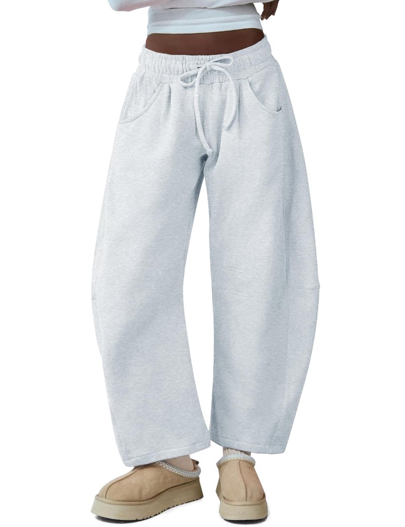 HeSaYep Women's Barrel Leg Sweatpants Drawstring Wide Leg Lounge Pants Baggy Casual Cotton Sweat Pants with Pockets,White Grey M