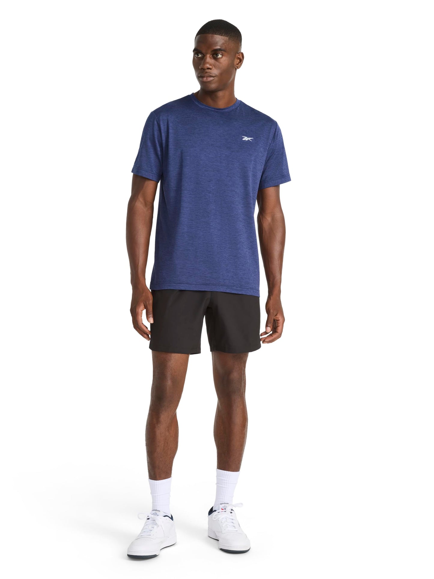 Reebok Men’s Strike Short Sleeve Crewneck T-Shirt, Standard Fit, Lightweight Stretch Poly Jersey Fabric, Navy Heather, Large