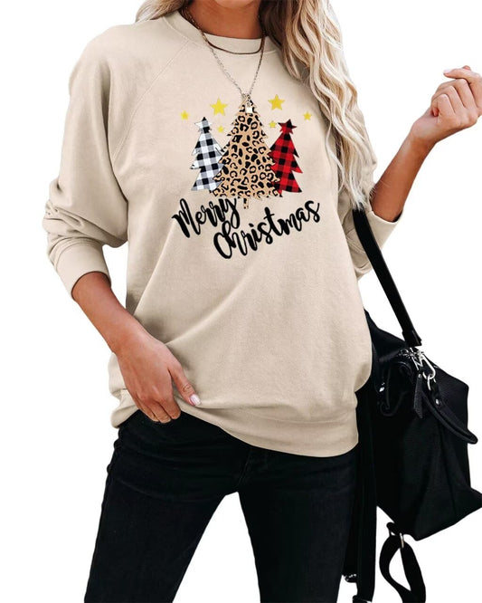 Dressmine Womens Merry Christmas Tree Sweatshirt Long Sleeve Graphic Tee Shirts Winter Pullover Knit Pullover Apricot Christmas Medium