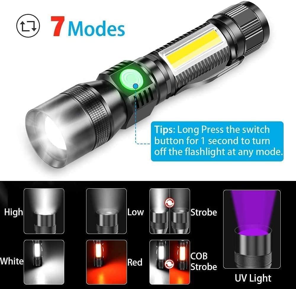 Karrong Rechargeable UV Flashlight(No Battery), 3 in 1 UV Black Light LED Tactical Flashlight, High Powered 2000 Lumens LED Light 7 Modes Waterproof for Pet Clothing Detection/Emergency/Camping