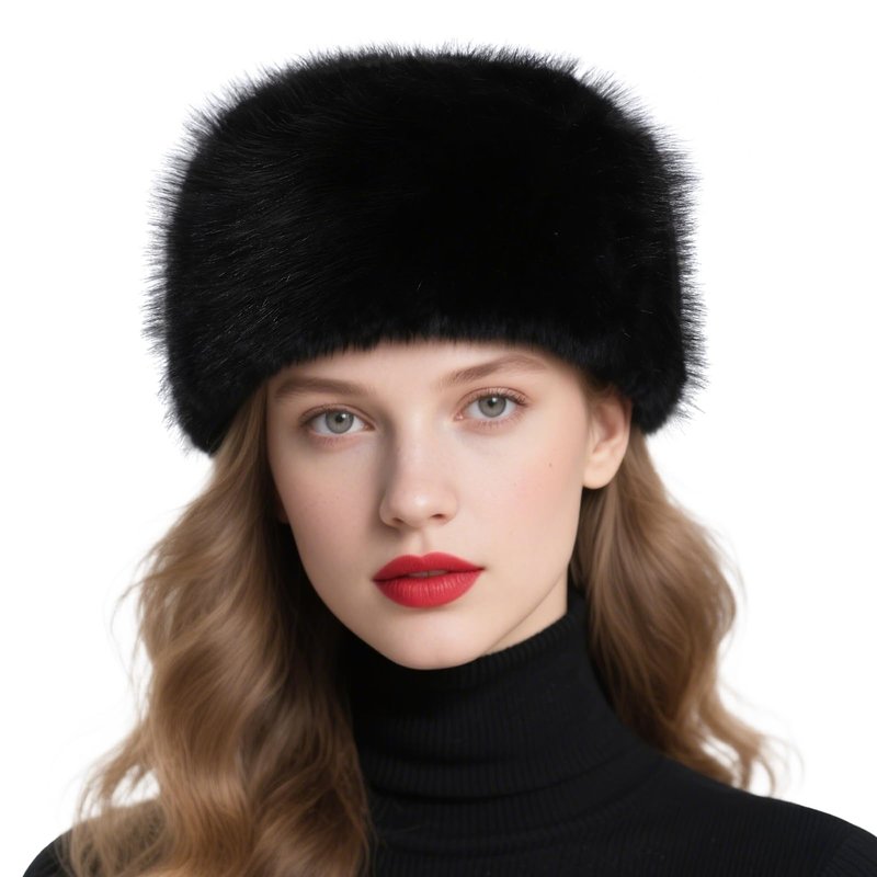 Lanpet Women's Winter Hat Faux Fur Furry Hat for Cold Weather Cossak Russian Style Warm Fluffy Cap Black