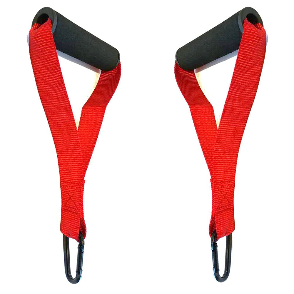 FITNESS MANIAC 2X D-Handles Fitness Strength Training Foam Grips D-Ring Stirrup Steel Hook Straps Handle Bodybuilding Home Gym Cable Machine Attachments Pull Up Exercise Equipment RED PAIR