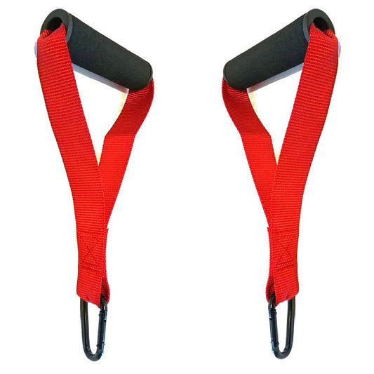 FITNESS MANIAC 2X D-Handles Fitness Strength Training Foam Grips D-Ring Stirrup Steel Hook Straps Handle Bodybuilding Home Gym Cable Machine Attachments Pull Up Exercise Equipment RED PAIR