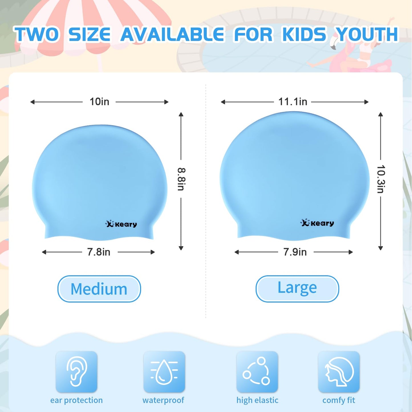 Keary Kids Swim Cap for Girls Boys Youth Junior Teens Kids 6-14 Large Swimming Caps for Long Hair Braids and Dreadlocks Waterproof Silicone Cover Ear Bathing Pool Shower Swimming Cap to Keep Hair Dry