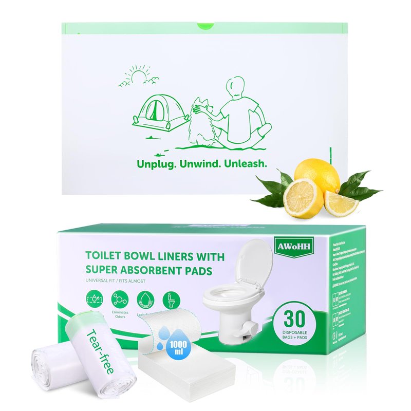 Toilet Liners with Lemon-Scented Absorbent Pads, 30-Pack, Universal Fit, Disposable Toilet Bags, Camping-Inspired Design, Ideal for Home, Boat or Camping WC, Dry Flush Ready, Emergency Use, Tear-Free