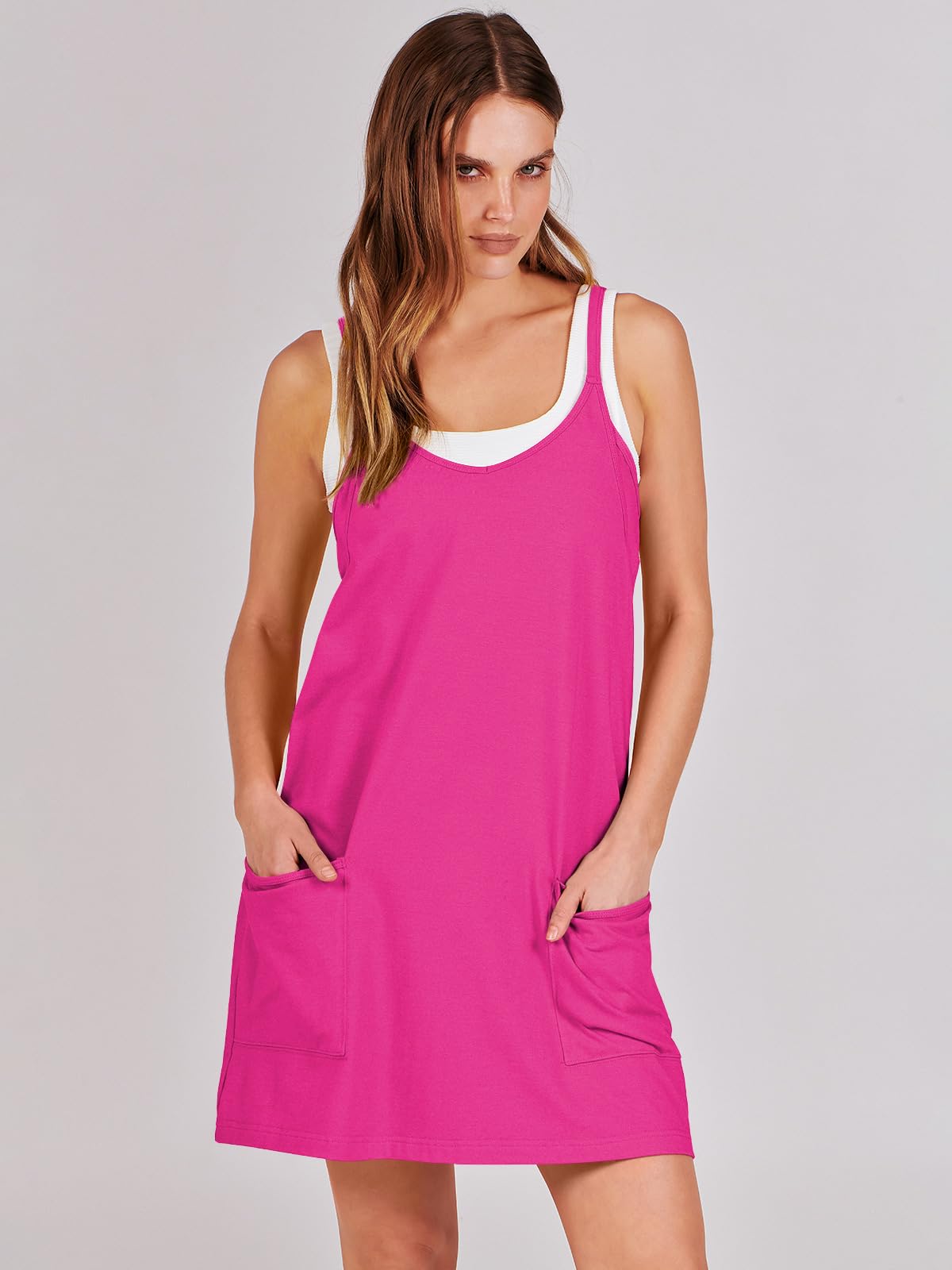 ANRABESS Women Athletic Dress Summer Tennis Workout Active Sports Mini Romper Dress Built in Shorts Travel Vacation Clothes Hot Pink Small