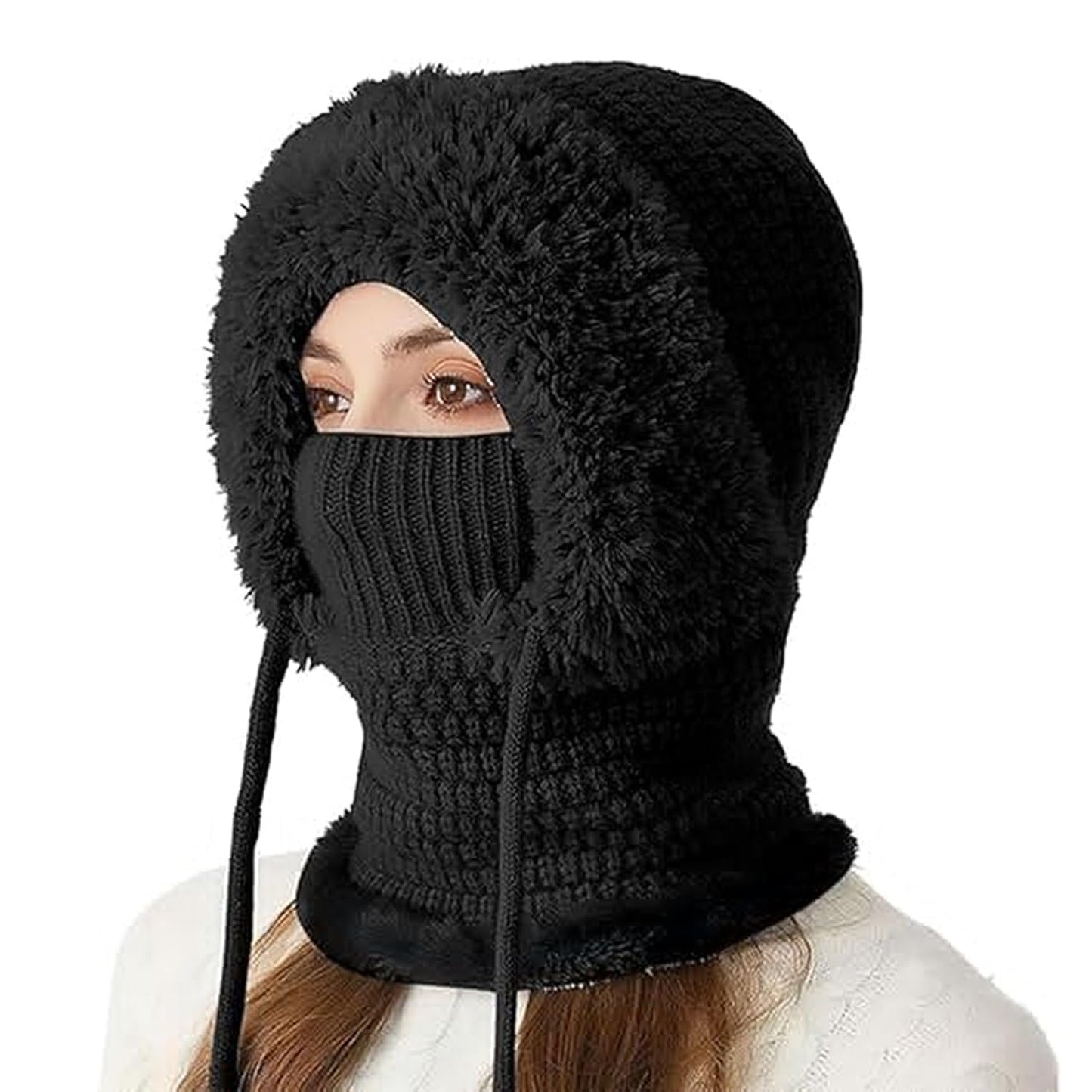 3 in 1 Beanie Hat with Scarf and Mask, Womens Balaclava Winter, Warm Knitted BeanieHat Fleece Scarf Mask Beige(Black)