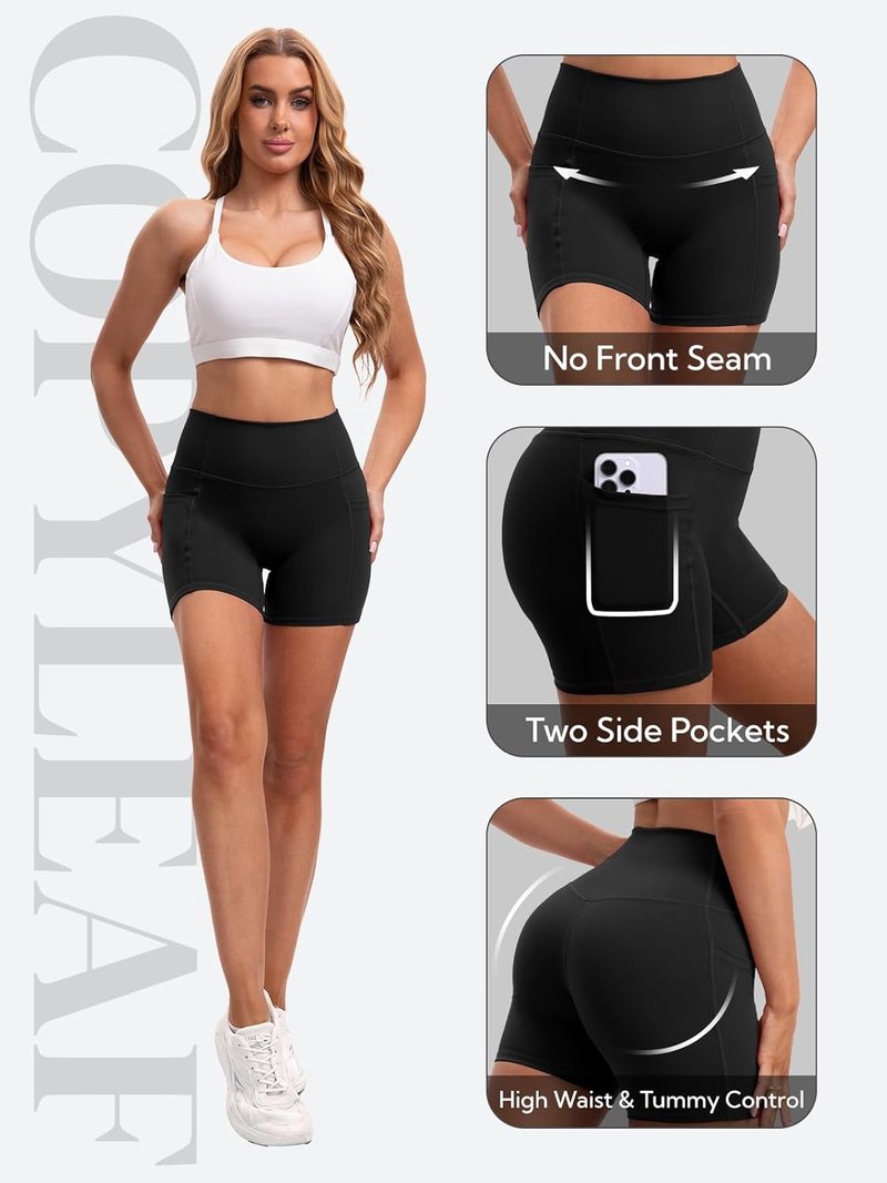Biker Shorts for Women - High Waisted Gym Spandex Shorts with Pockets | 5-Inch Tummy Control Yoga Shorts