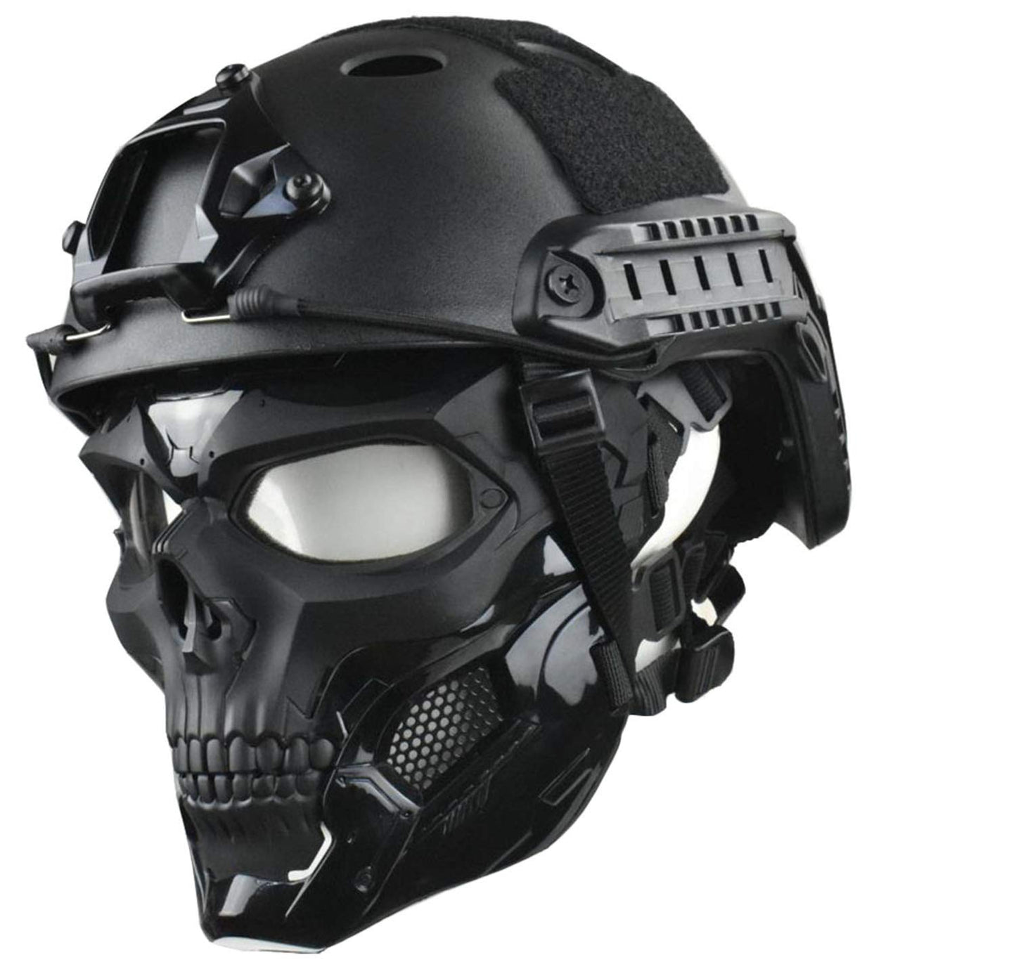 JFFCESTORE Tactical Mask and Fast Helmet,Protective Full Face Clear Goggle Skull mask, Adjustable Chin Strap Large Size for Adult (Mask+Helmet Black)
