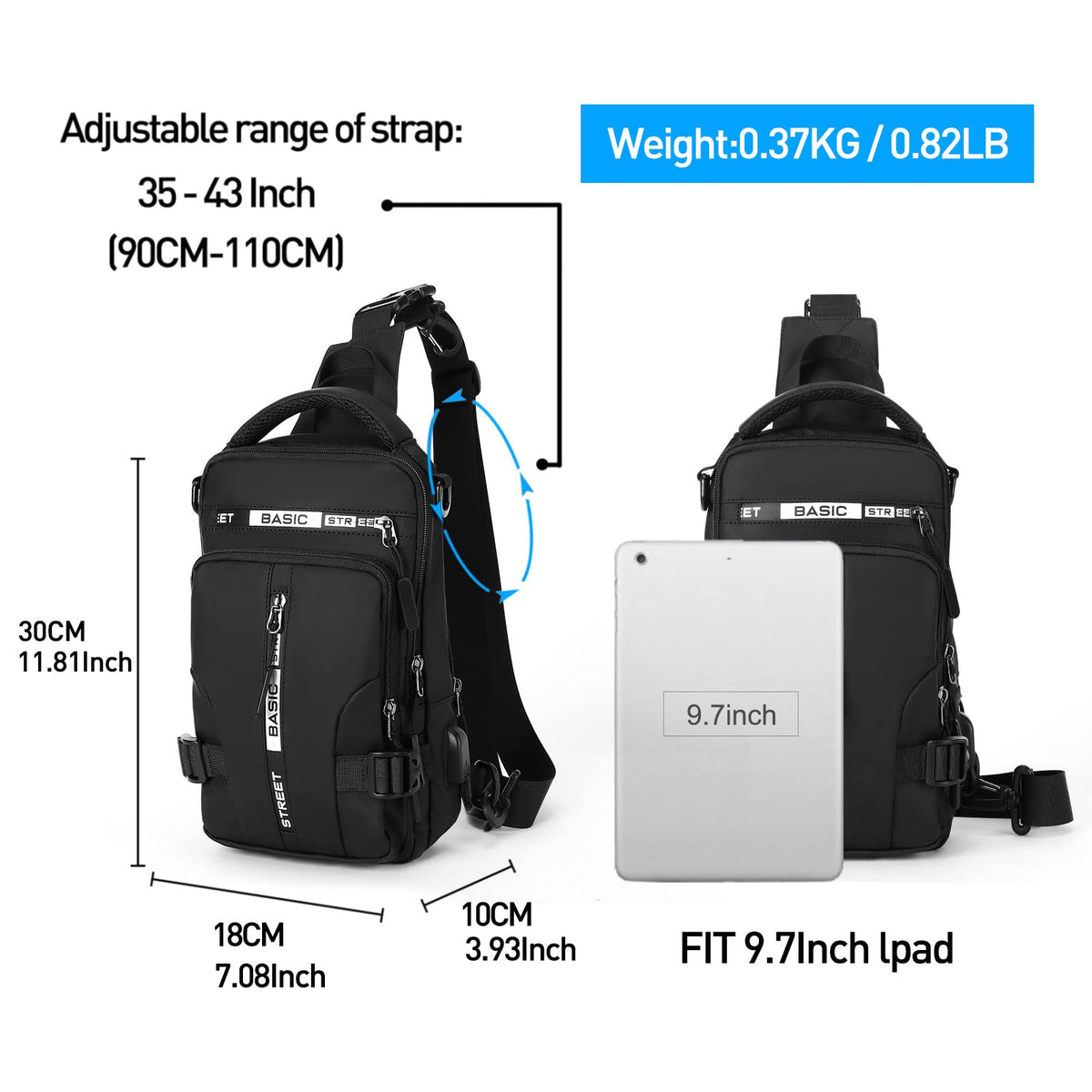 SEAFEW Anti Theft Sling Crossbody Backpack Shoulder Bag for Men, Lightweight One Strap Motorcycle Back Pack Sling Bag Backpack for Hiking Walking Biking Travel Cycling with USB Charger Port