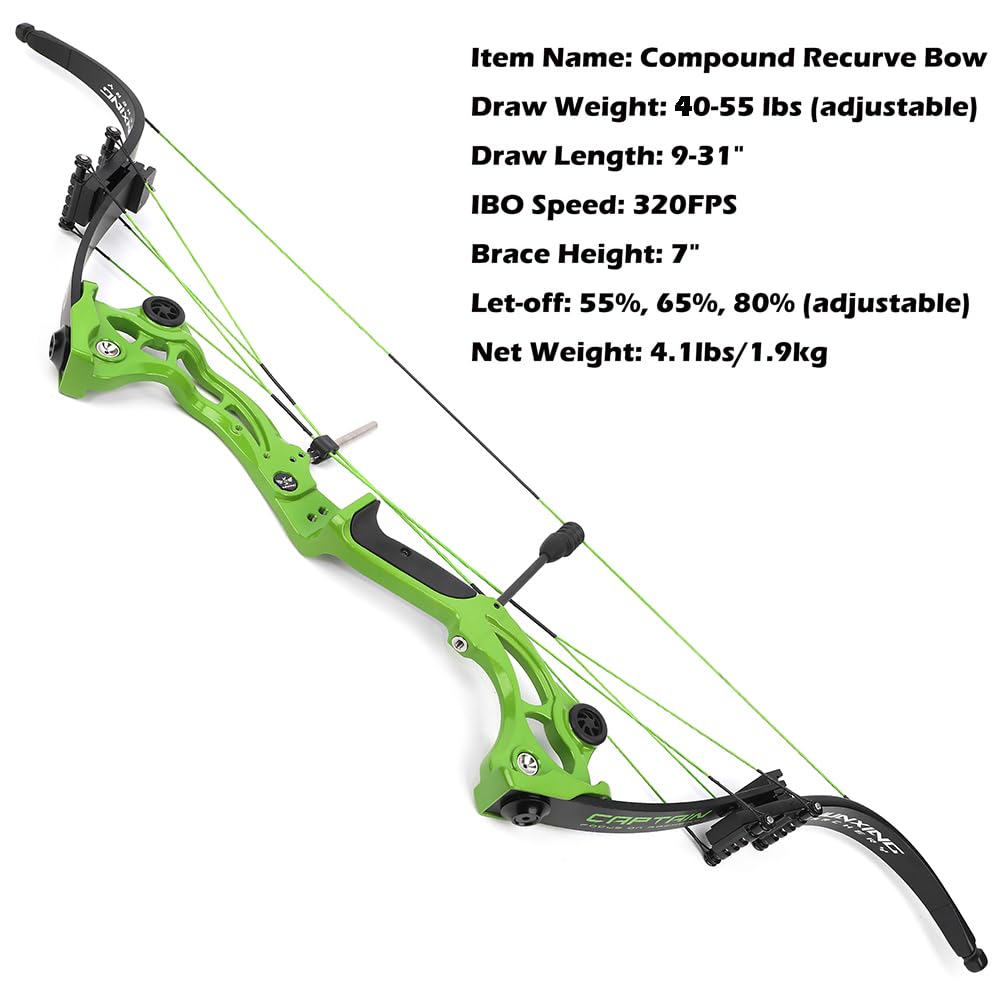 ZSHJGJR Recurve Bow American Hunting Bow 320FPS Draw Weight 40-55lbs Adjustable Compound Bow Right Hand for Archery Hunting Fishing Shooting (Green Bow only)