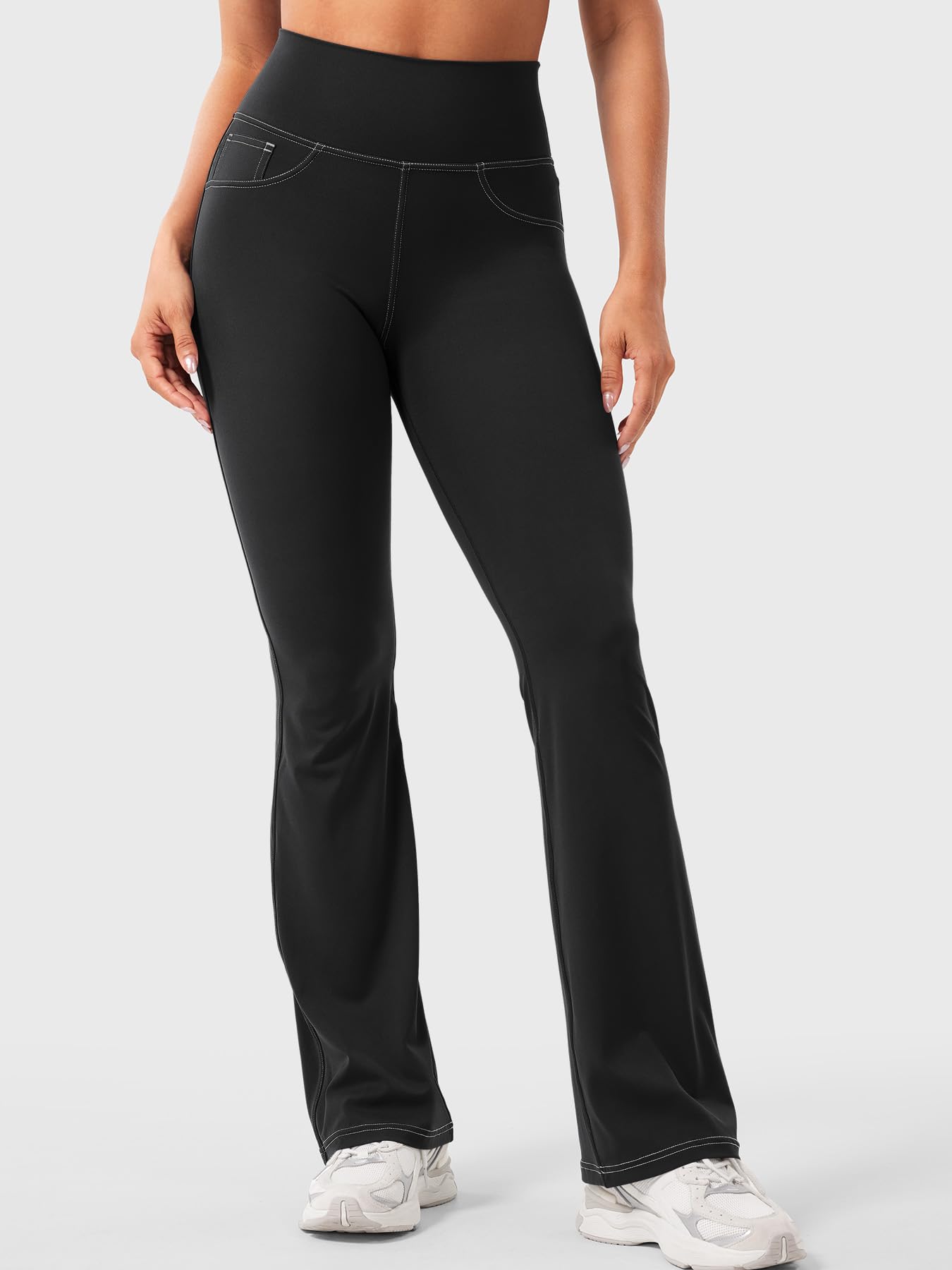 YEOREO CoreFlex Women Workout Mini Flare Leggings with Pockets Hidden Scrunch High Waisted Cargo Gym Casual Denim-Look Yoga Pants Black L