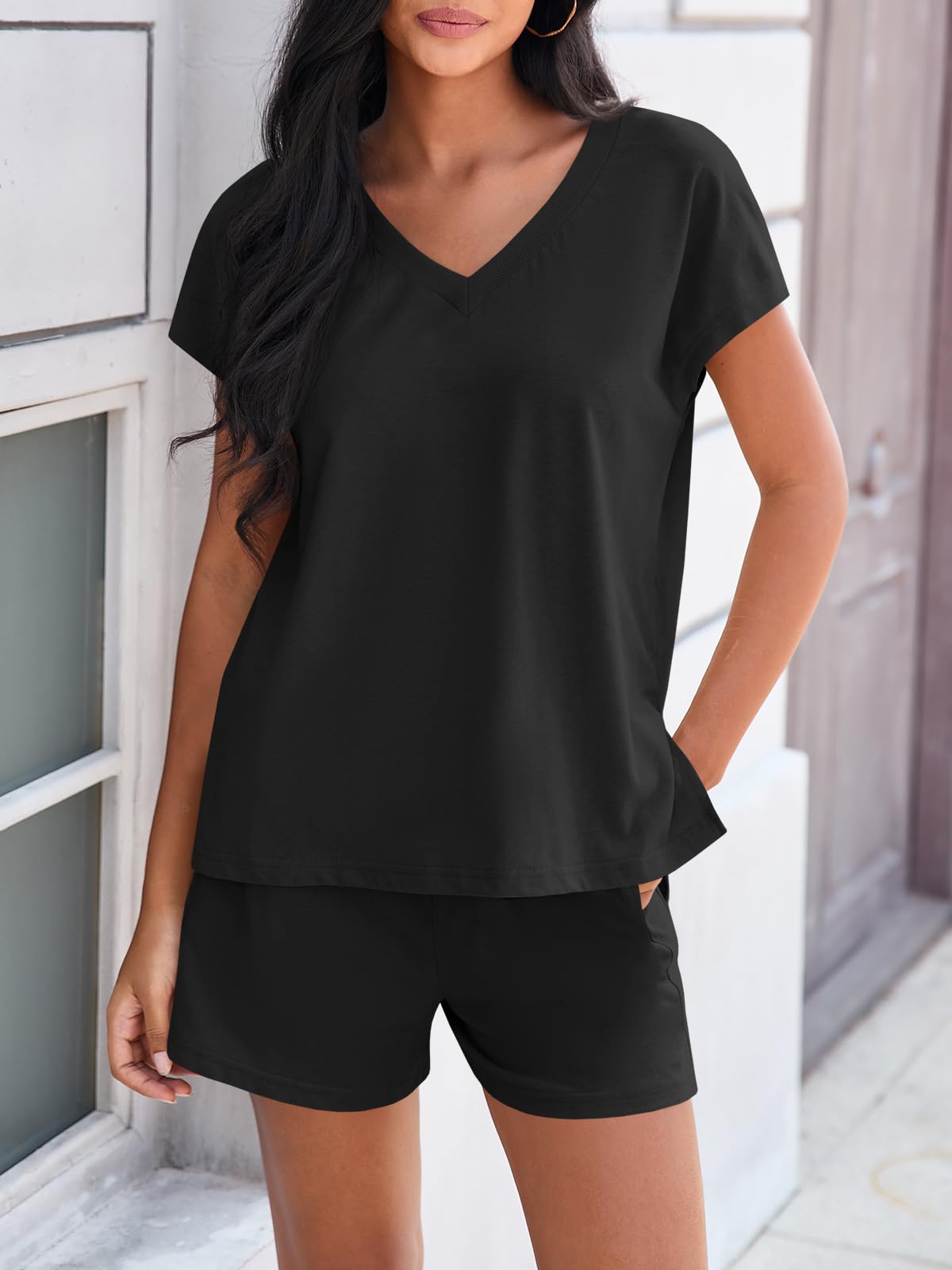 Fisoew 2 Piece Short Sets for Women Lounge Set Casual Summer Outfits V Neck Cap Short Sleeve Tops Matching Workout Airport Outfits Black