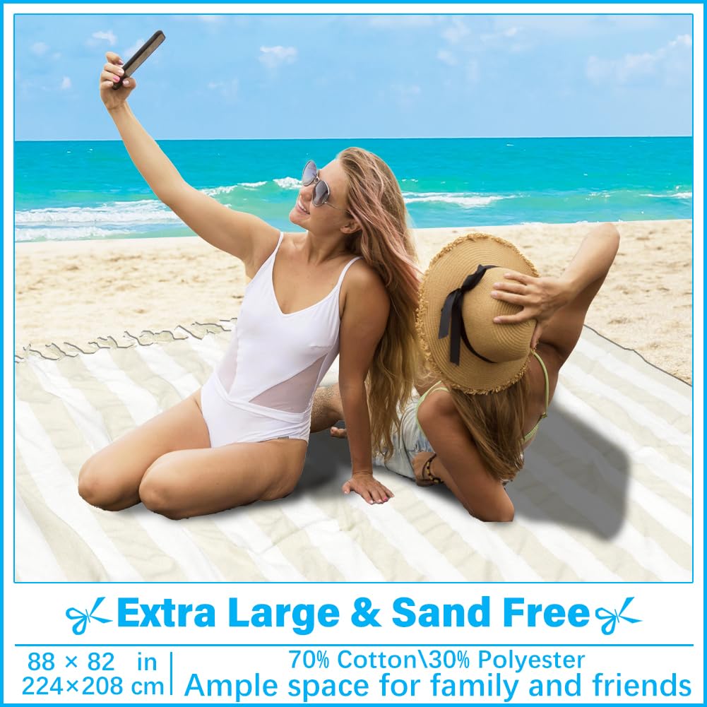 Vikumond Turkish Beach Towel Blanket,Oversized 88x82 Inch,Quick Dry,Beige