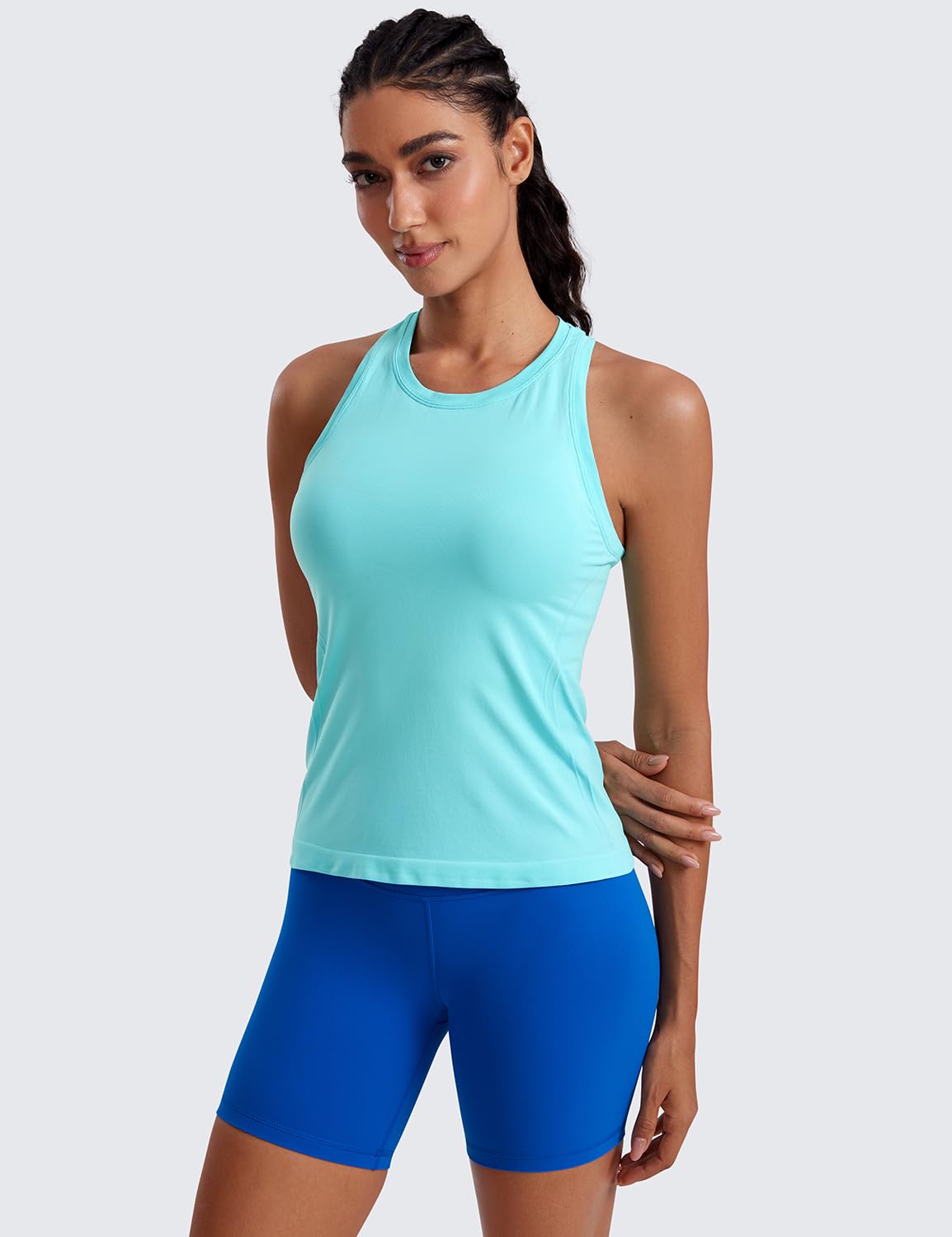 CRZ YOGA Seamless Workout Tank Tops for Women - Athletic Running Gym Sleeveless Shirts Crewneck Racerback Breathable Turquoise Medium