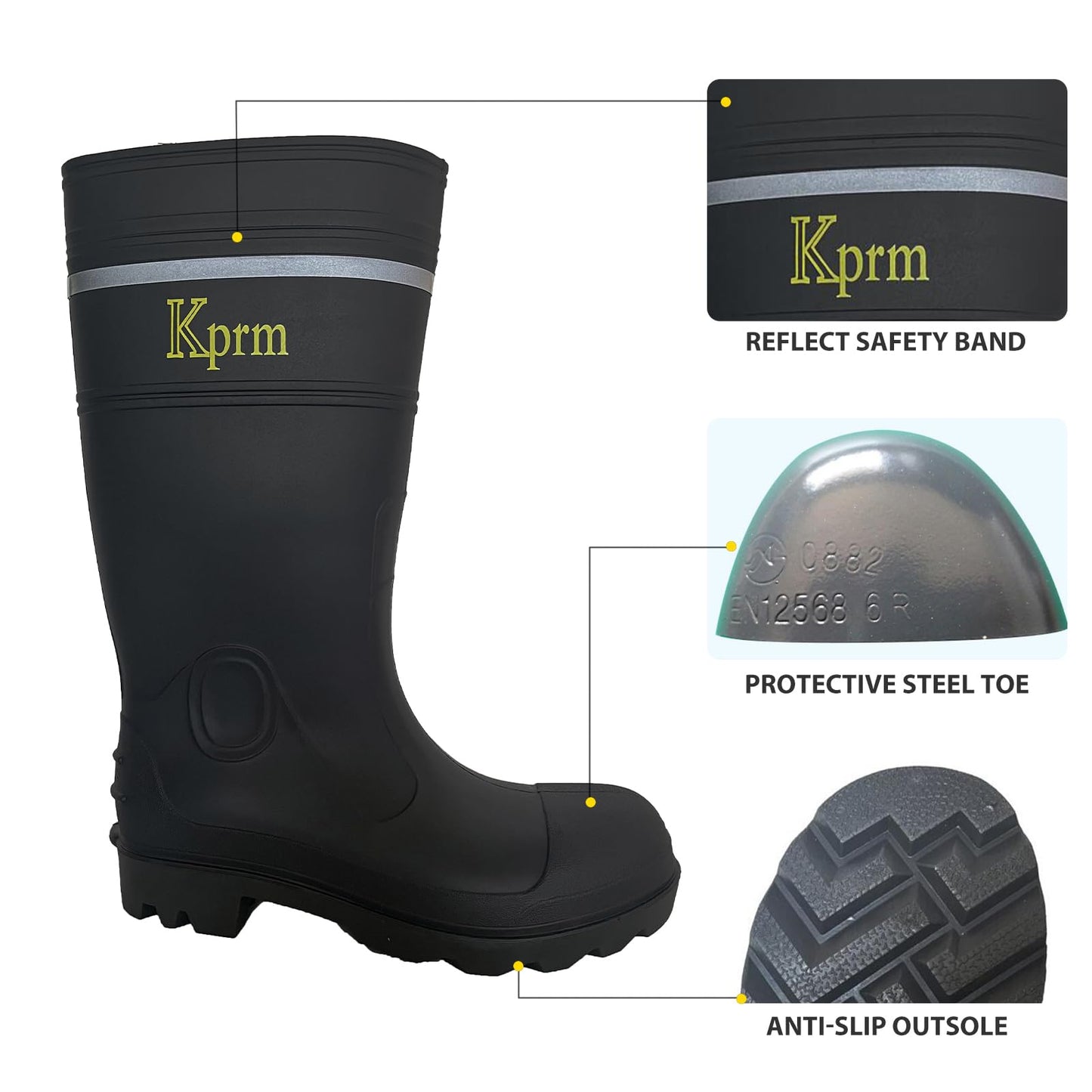 Kprm Mens Steel Toe Rain Boots Waterproof Non-Slip Rubber Work Boot Outdoor