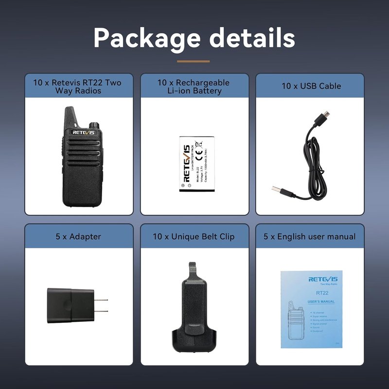 Retevis RT22 Walkie Talkies - Long Range Rechargeable Two-Way Radio for Business | Handsfree VOX, Black, 10 Pcs