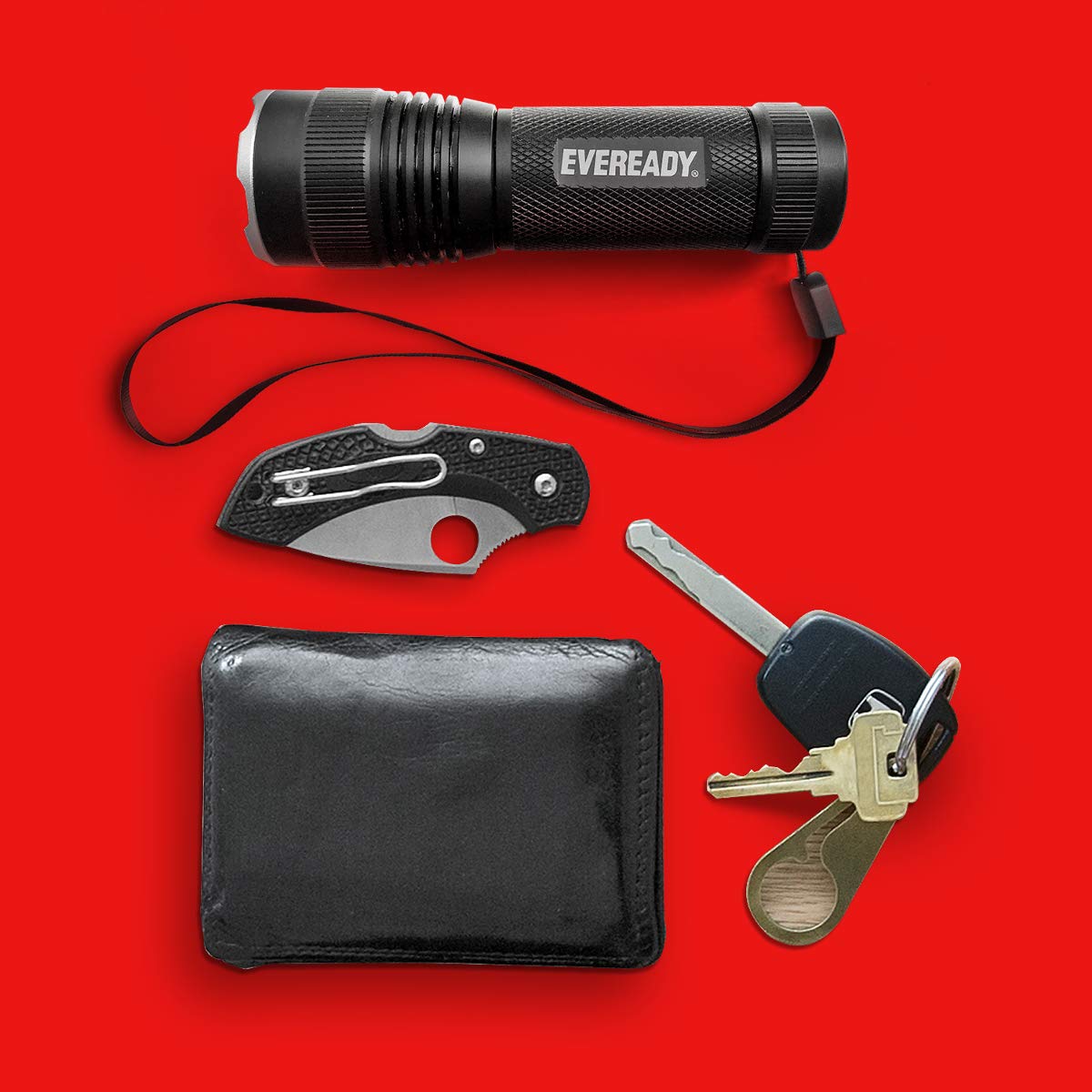 EVEREADY LED Tactical Flashlight, IPX4 Water Resistant EDC Flashlight, Super Bright High Lumens, Zoomable, 3 Light Modes, Heavy Duty Metal Body, Lanyard Included, Black