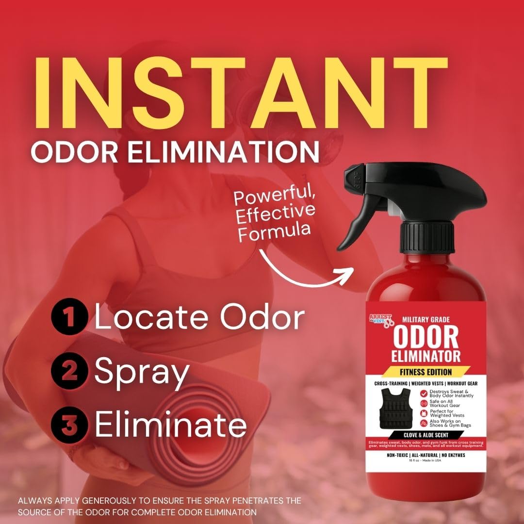 Arrest My Vest Fitness Edition Odor Eliminating Spray for Weighted Vests, Gym Bags & Workout Gear - All Natural Sports Gear Deodorizer - Clove & Aloe Fragrance 2 Pack (16 oz)