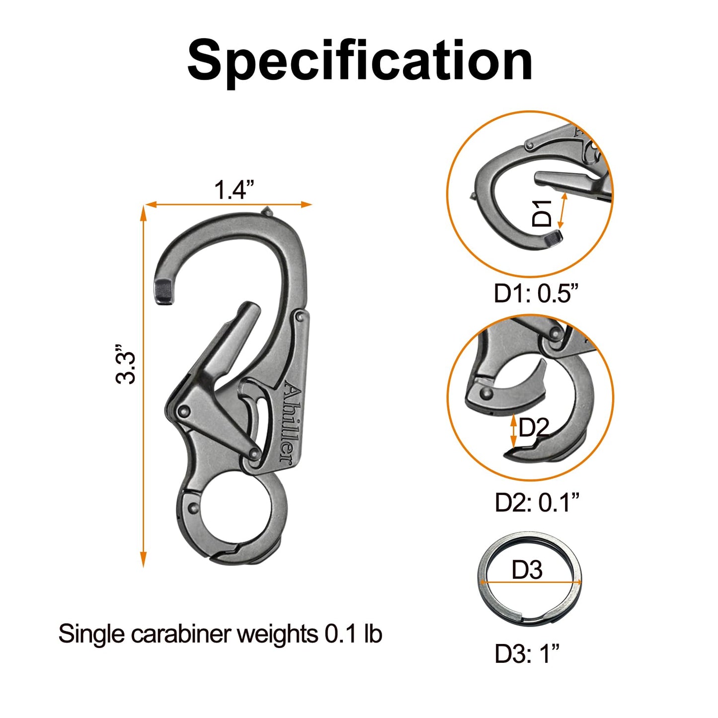 Ahiller 3" Carabiner Keychain Clip, Rugged Alloy Double Lock Design - Tungsten Steel Spike - Multi Tool Caribina, Small Key Ring Clip for Camping Hiking Fishing Outdoor Survival [Gunmetal-1P]