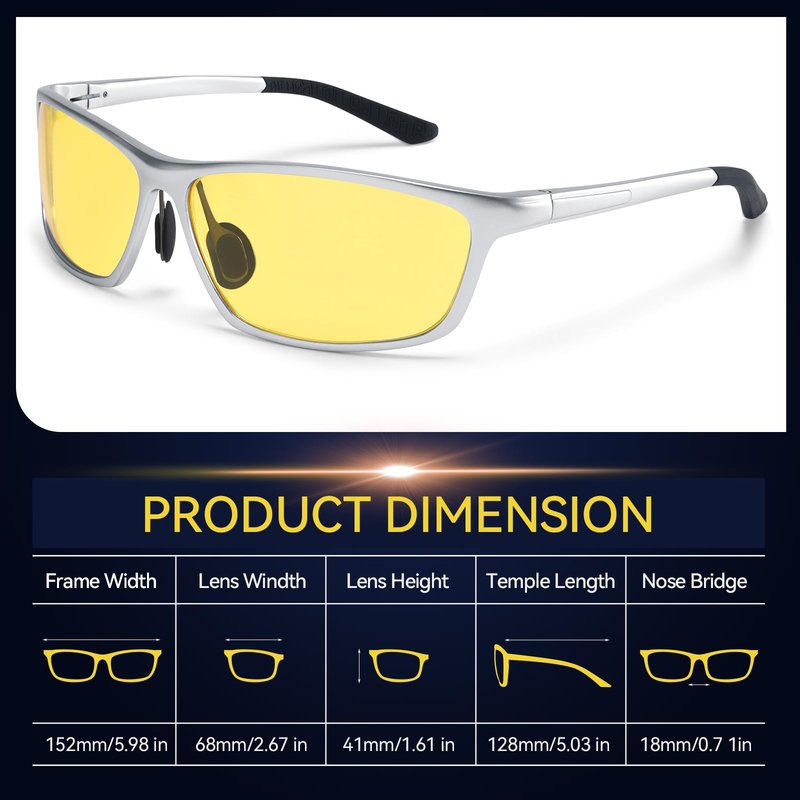 Dollger Night Glasses for Driving HD Polarized UV400 Protection Around Sunglasses Ultra light Al-Mg Goggles Anti Glare Yellow Tinted Sunglasses for Men & Women