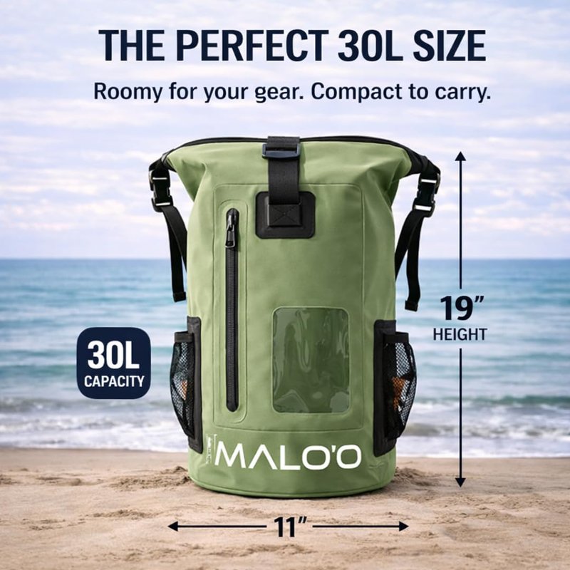 Malo’o 30L Waterproof Dry Bag Backpack – Roll Top Heavy Duty 500D PVC Dry Pack with Padded Straps, IPX6 Waterproof, Keeps Gear Dry for Kayaking, Fishing, Beach, Camping & Travel