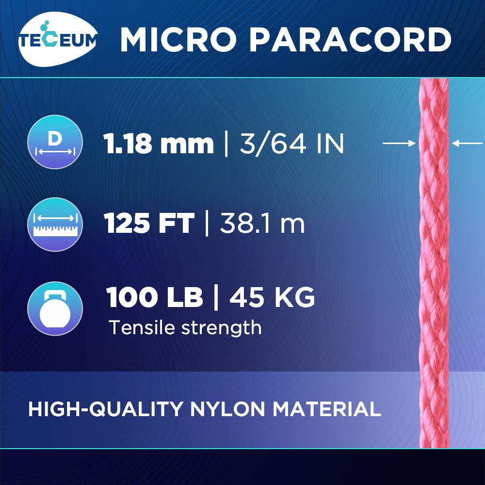 TECEUM Micro Paracord – Pink – 1.18 mm x 125 ft – Micro Utility Cord – Thin Braided Paracord Rope Nylon Polyester – Wind Chime Replacement – Survival Strong String 031с