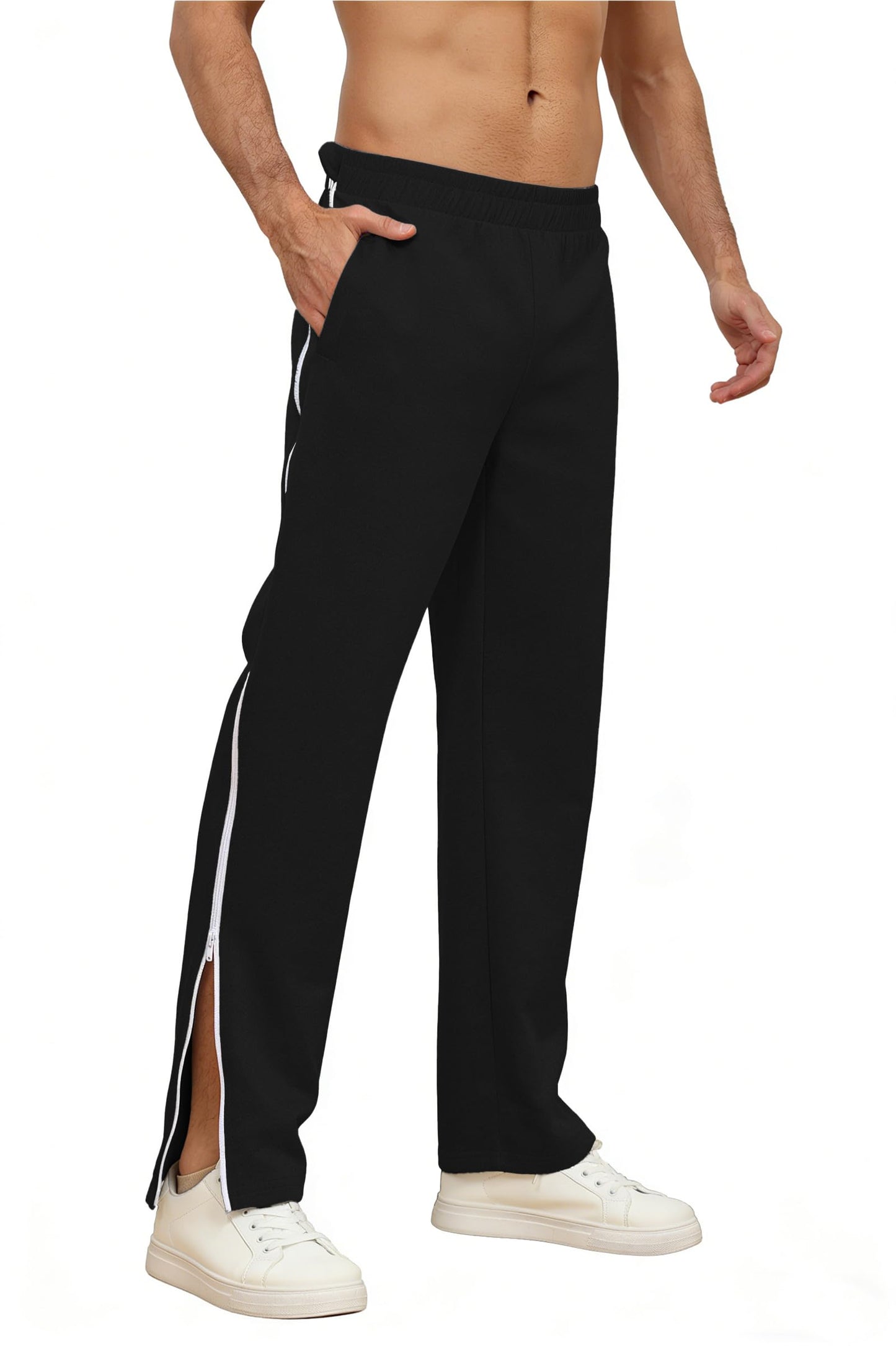 HORSSLE Men's Tear Away Pants 2 Side Full Zippers Legs Snap Off Sweatpants with Pockets for Post Knee Surgery Recovery Black